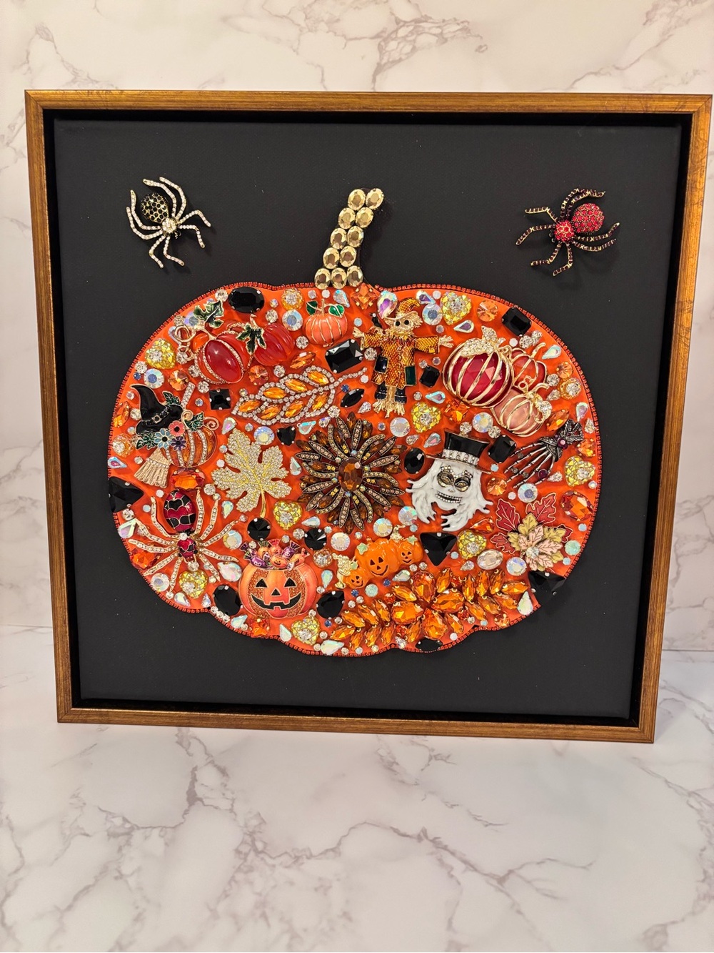 Floating Frame Vintage Jewelry Pumpkin Art 12x12 Halloween Rhinestone Decor